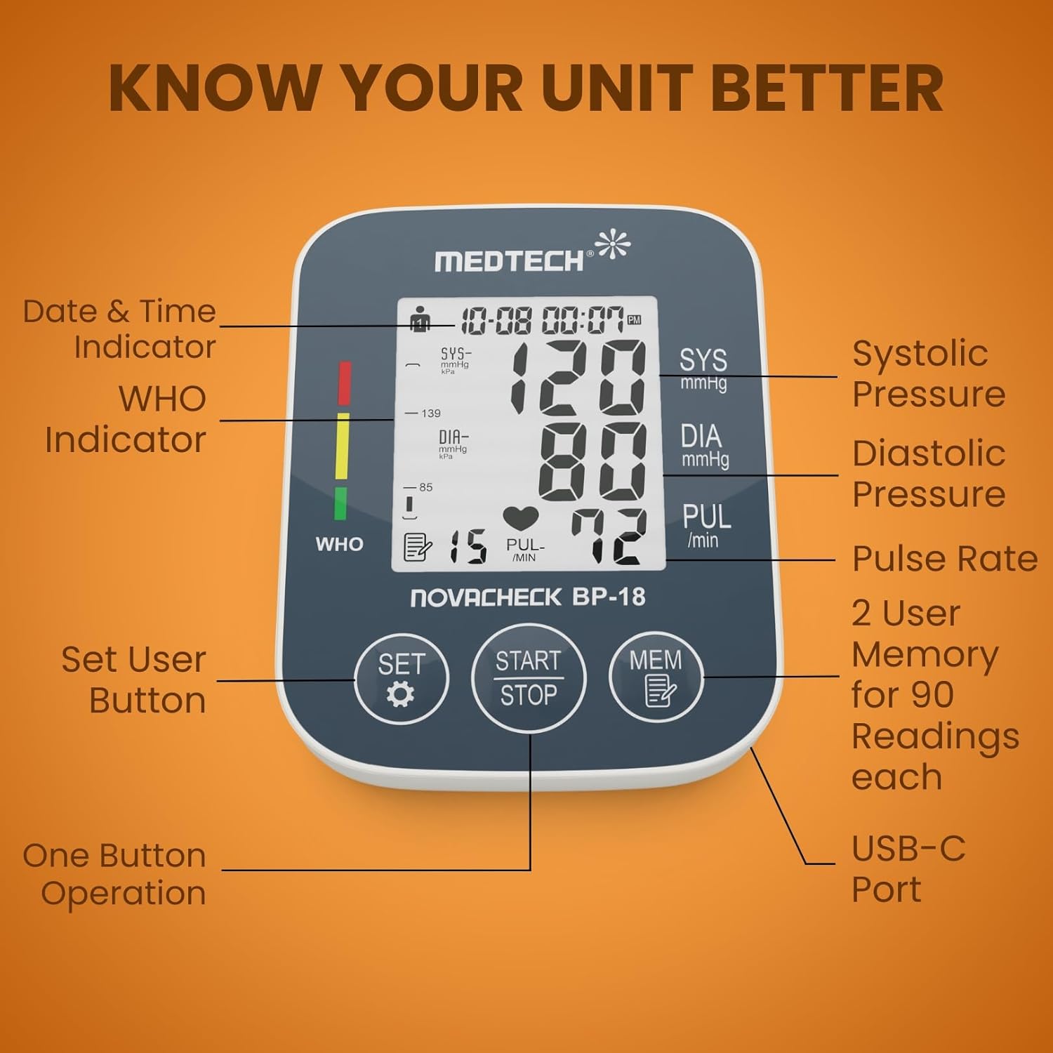MEDTECH BP18 Digital BP Monitor – USB-C, Full Cuff (22–42cm)