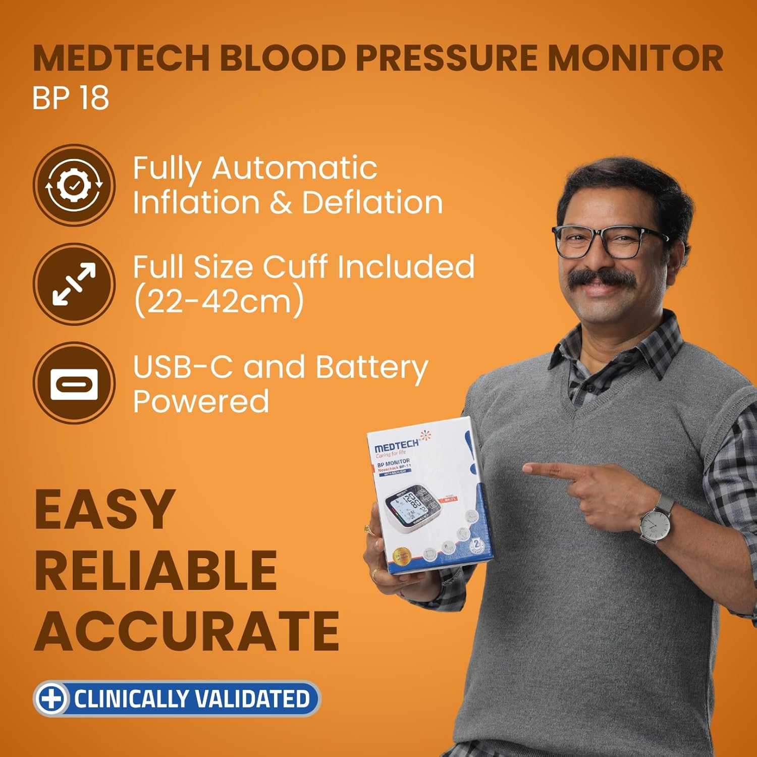 MEDTECH BP18 Digital BP Monitor – USB-C, Full Cuff (22–42cm)