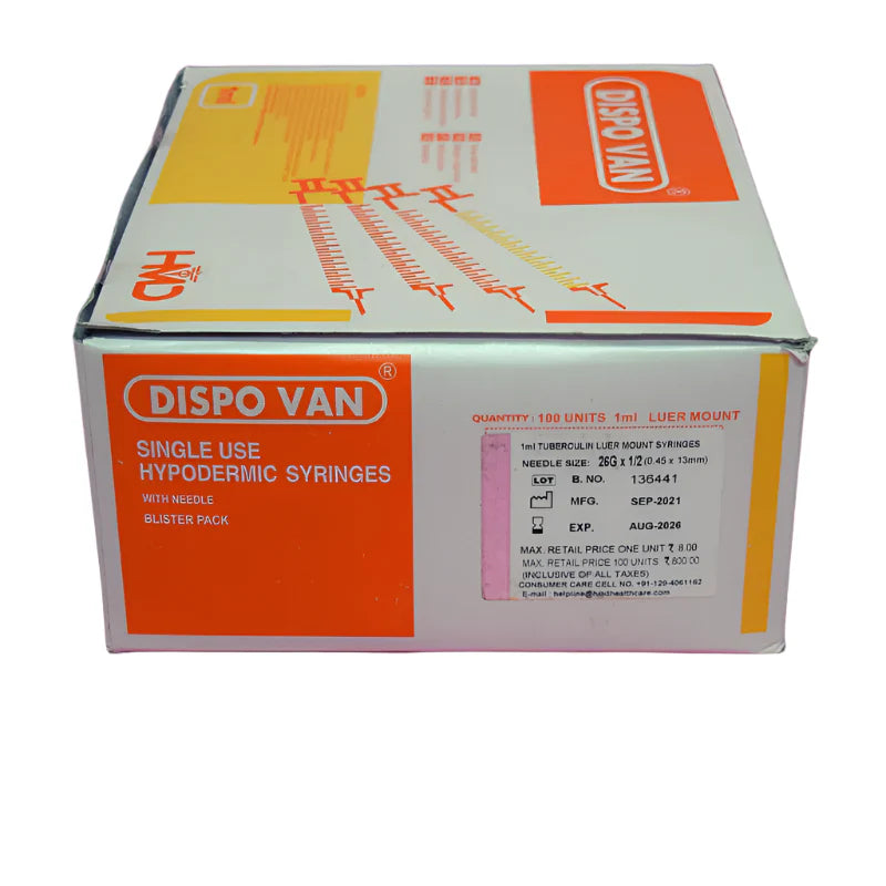 Dispovan 1ml Syringe with 26G Needle – 100 Pcs (Sterile, Disposable)