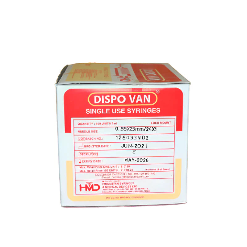 Dispovan 3ml Syringe + 24G Needle – Pack of 100 (Sterile, Single-Use)