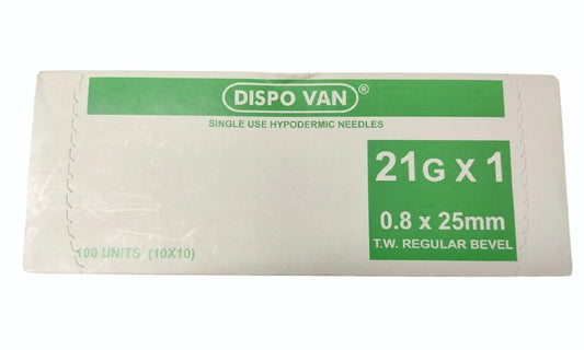Dispovan 21G x 1" Needle – Pack of 100 (Sterile, Single-Use)